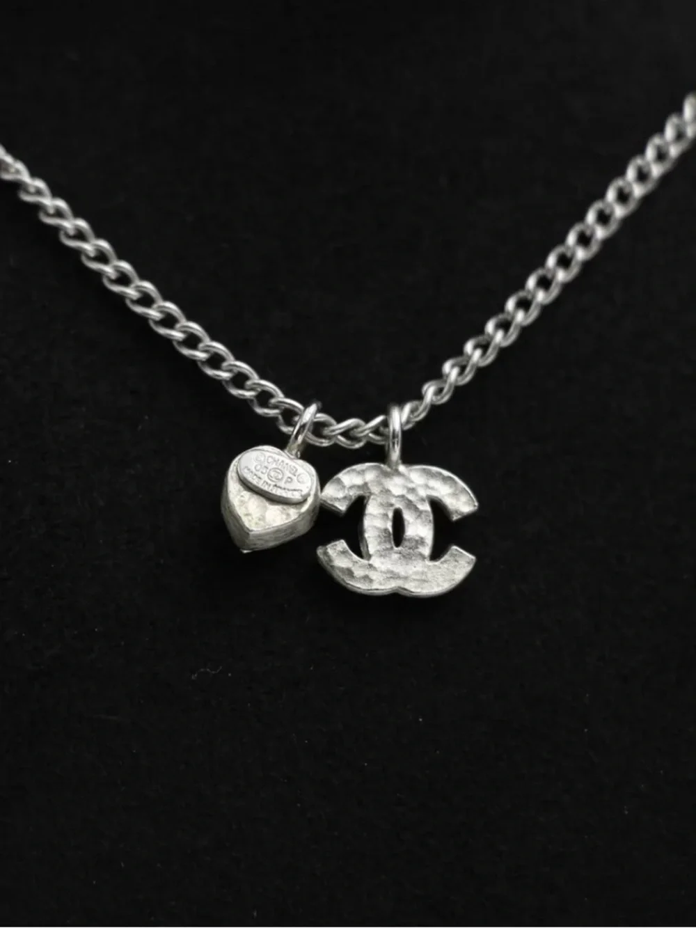 Chanel CC Rhinestone Charm Necklace with Heart Pendant